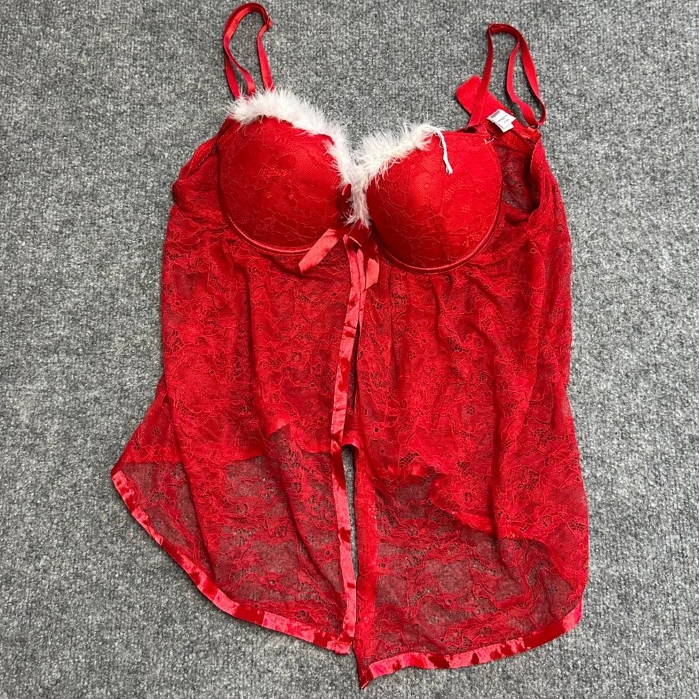 Unbranded Babydoll Womens Size XL Red Lace Faux Fur Trim Holiday Lingerie Top